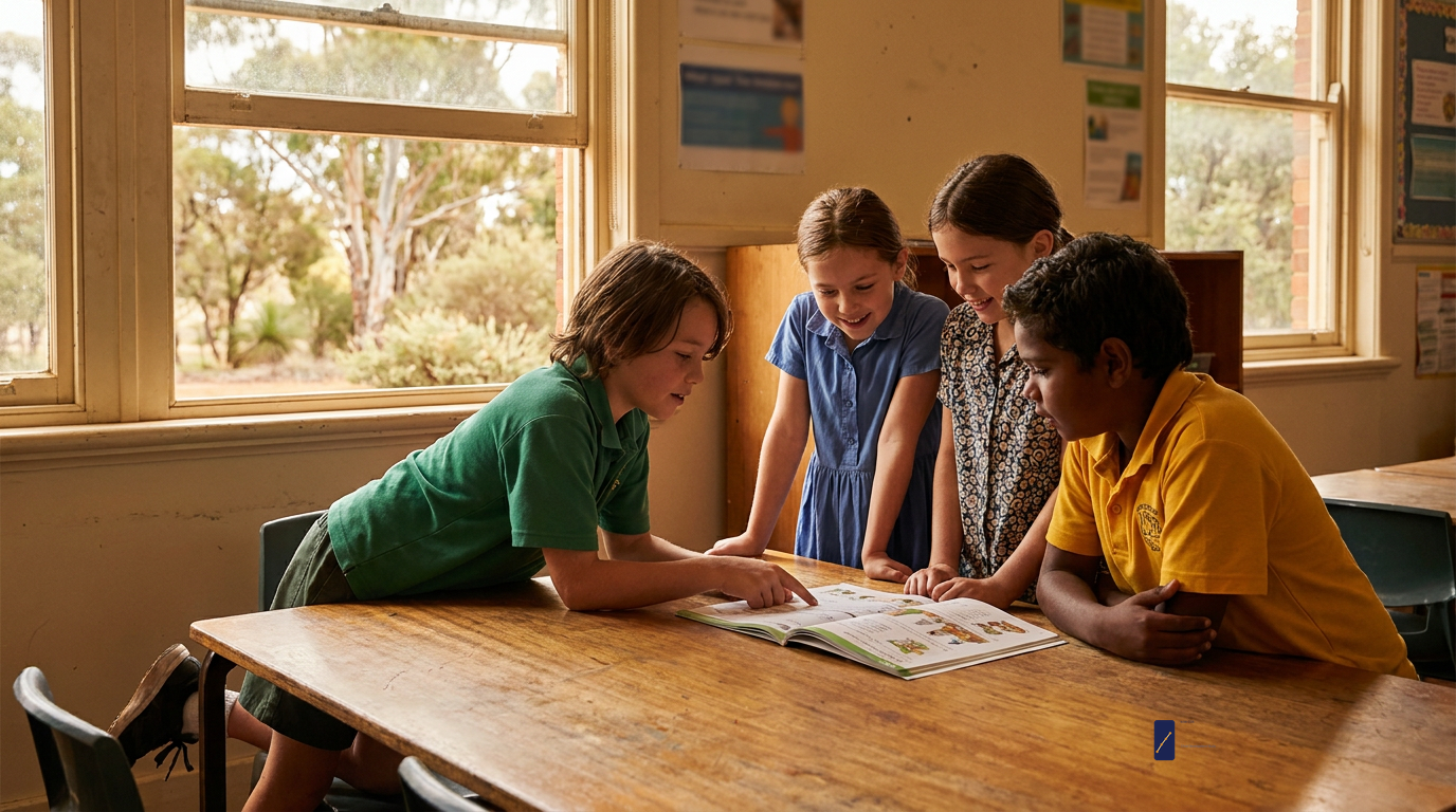 Diverse Australian primary school children collaborating at a desk in a warm NSW classroom