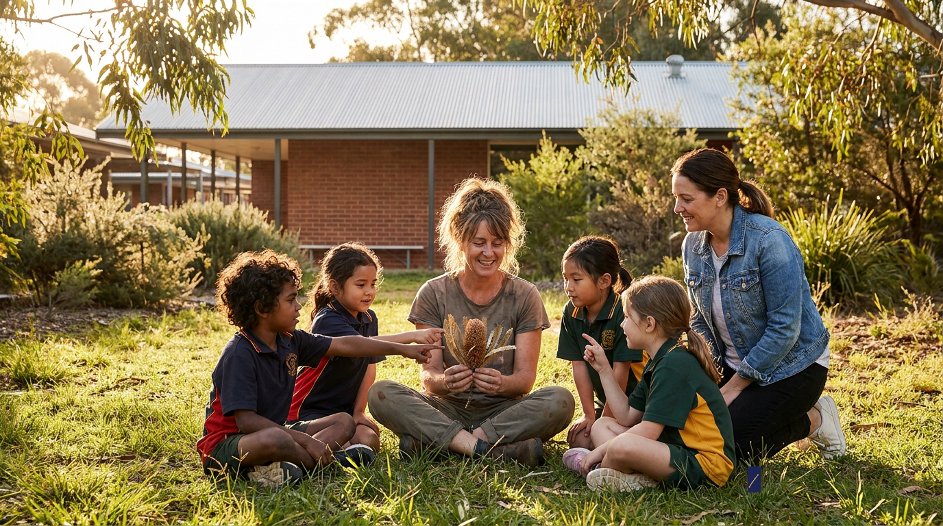 Researcher sitting with diverse children and a parent in a sunny NSW school courtyard