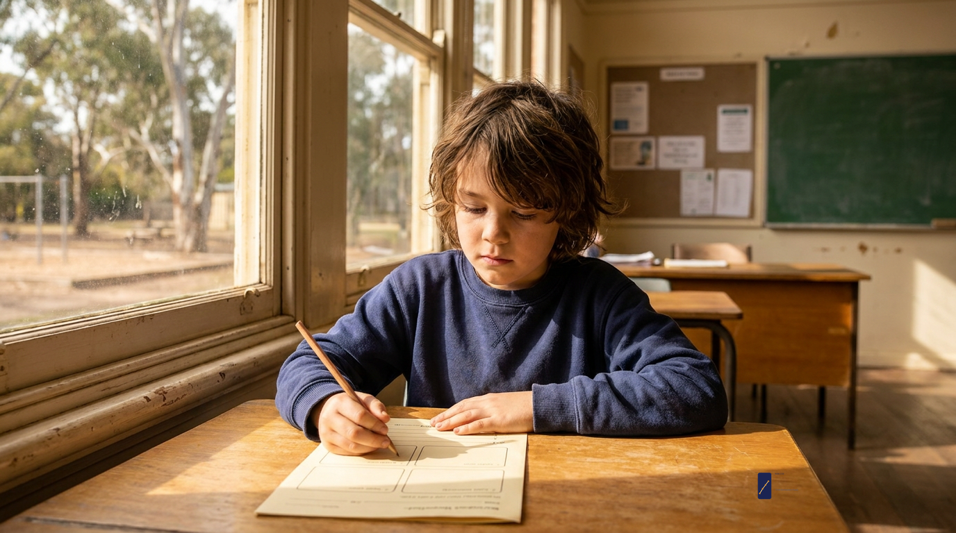 Australian primary school child thoughtfully completing a questionnaire at a school desk